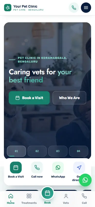 Pet clinic website in the Modern Classic design, on a phone