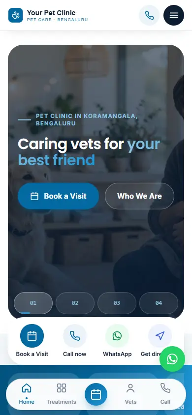 Pet clinic website in the Ocean Breeze design, on a phone