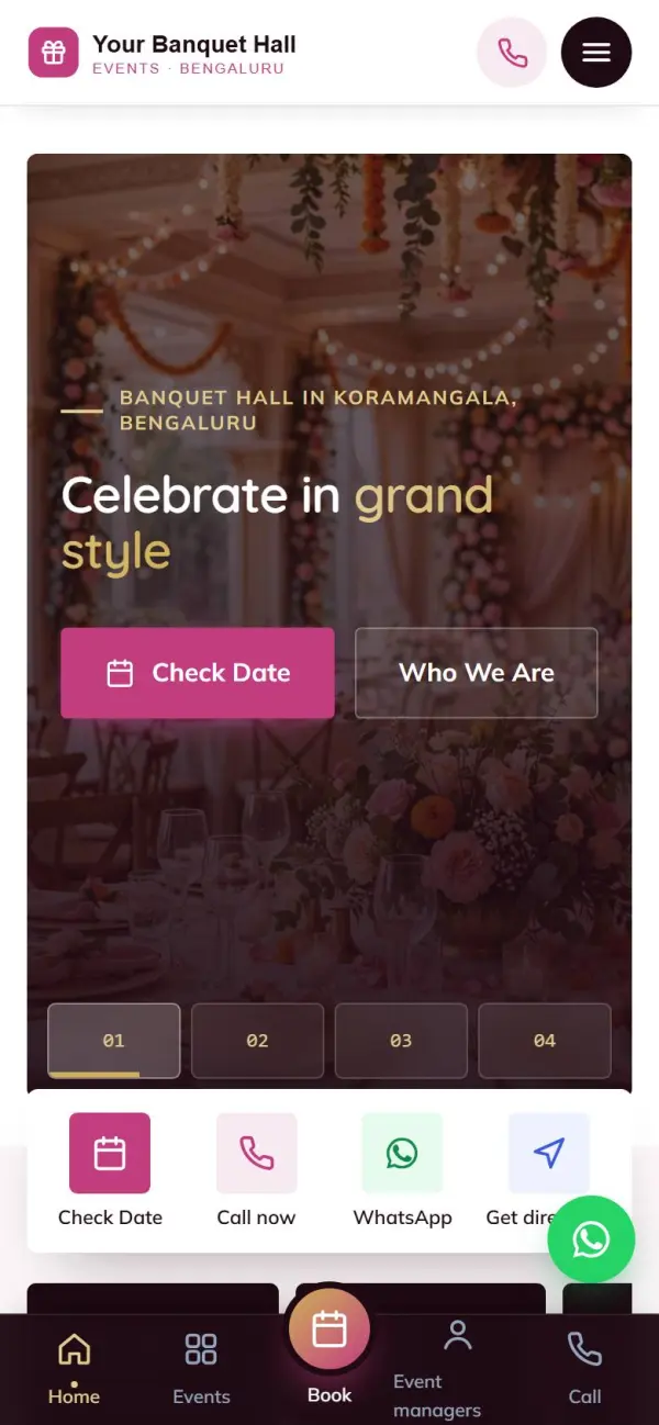 Banquet & events website on a phone