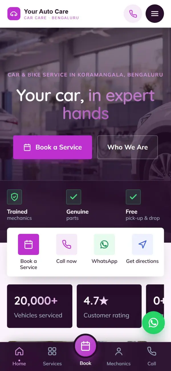 Car & bike service website on a phone