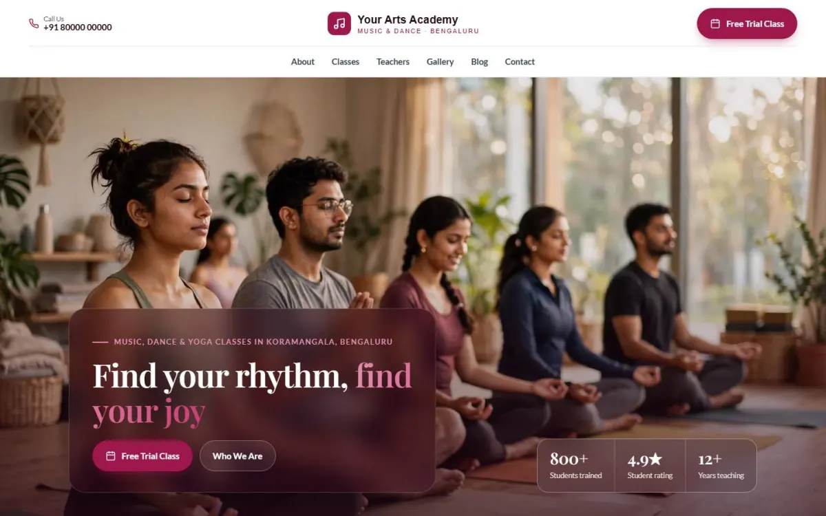 Music, dance & yoga website design on a computer