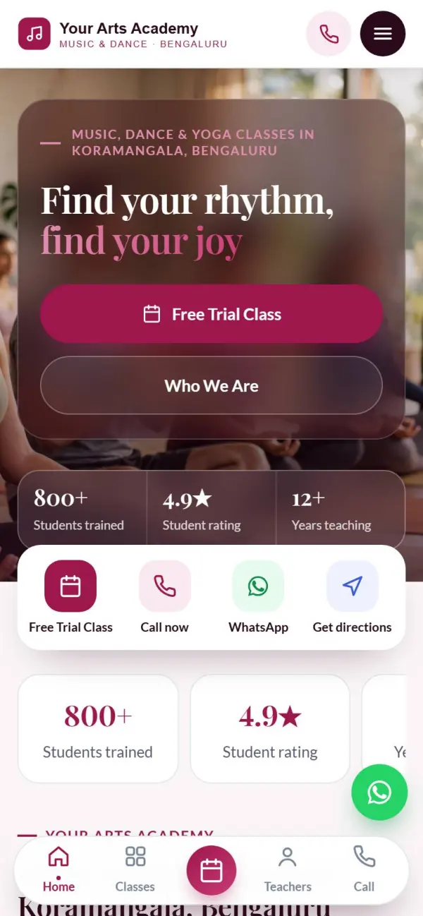 Music, dance & yoga website on a phone