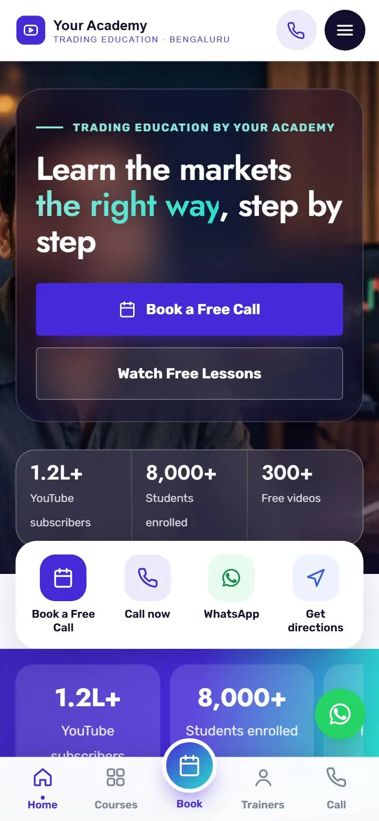 Online trainer website example, on a phone
