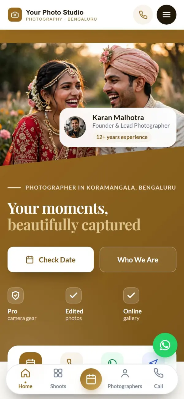 Photographer & studio website on a phone