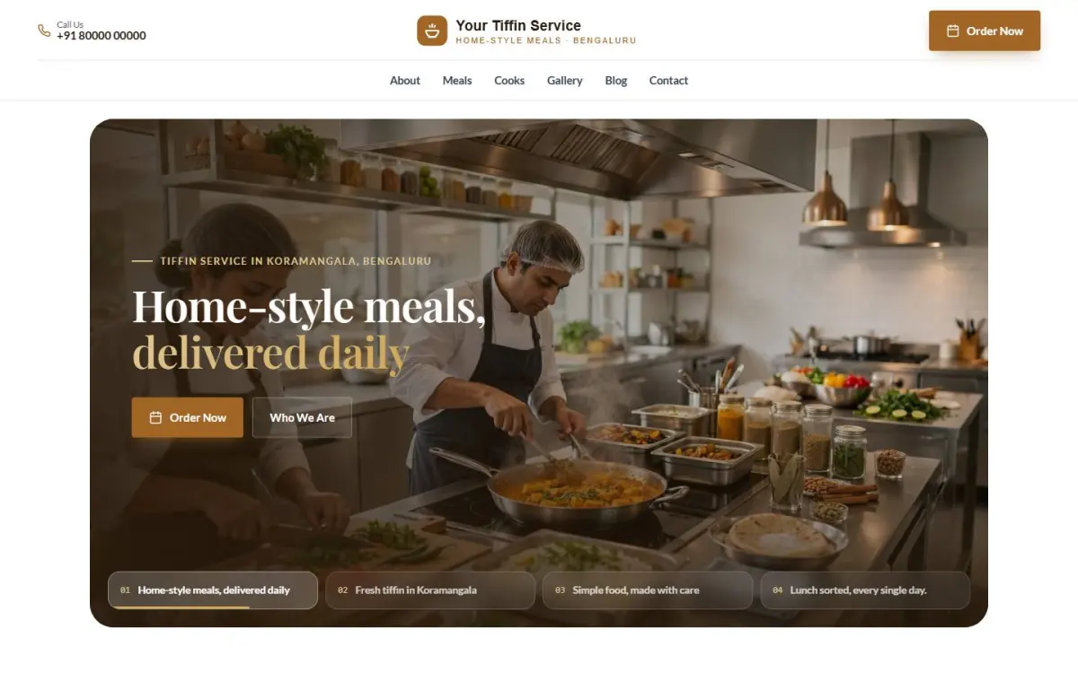 Tiffin & meals website design on a computer