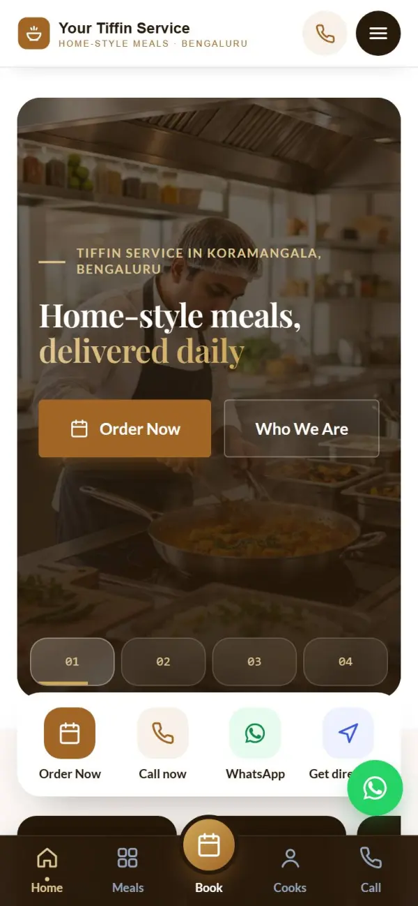 Tiffin & meals website on a phone